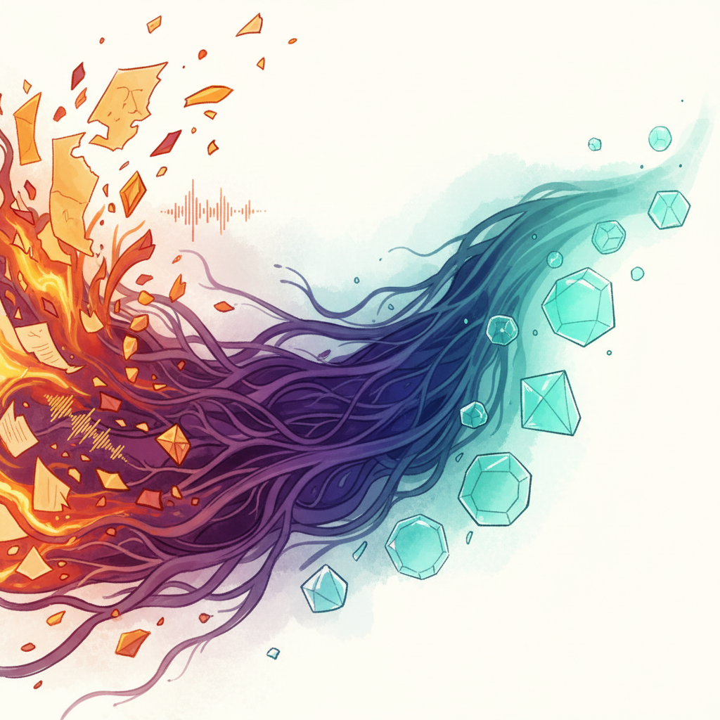 Words and light fragments flowing through organic channels, becoming refined and crystallised